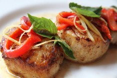 Scallops from Keefer's. We don't eat um but we will snatch the basil and red pepper! Image